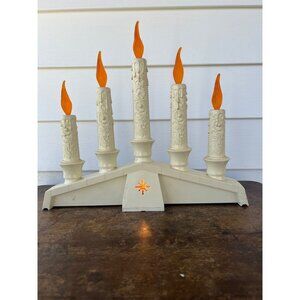 Vintage Electric Cream Plastic Candelabra With Orange Flame Bulbs & Floral Carvi